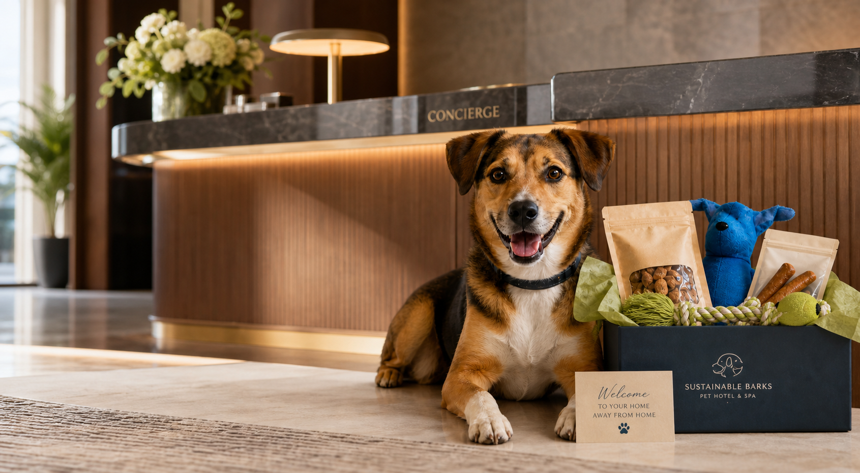 Dog welcome setup at a boutique hotel concierge desk